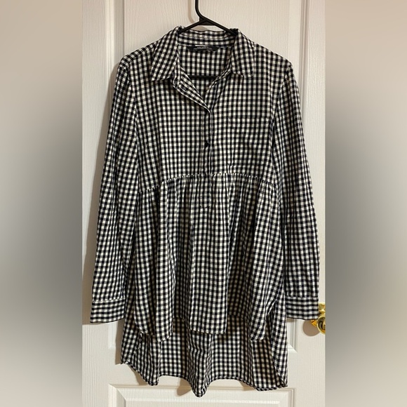 Zara Checkered Tunic High Low Buttoned Oversized Collared Cotton Top Size Small - Picture 2 of 9